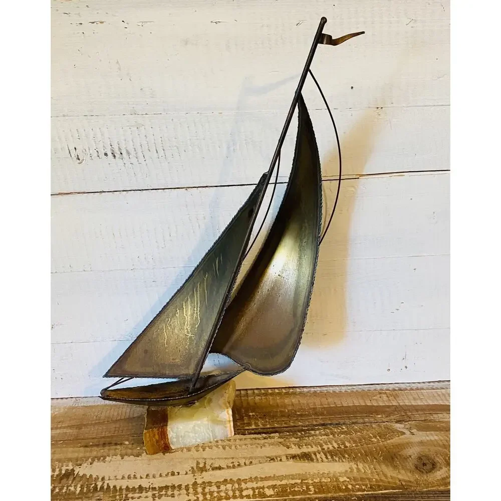 Vintage Mid Century Brass Sailboat Sculpture Stone Base Signed 15.25
